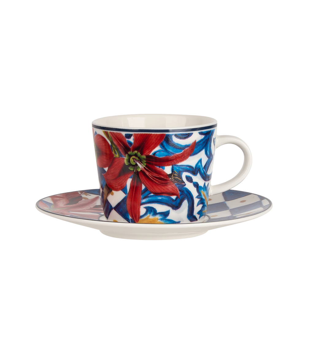 Dolce Vita Coffee Cup & Saucer Red Flower - Gift Box with Set of 2