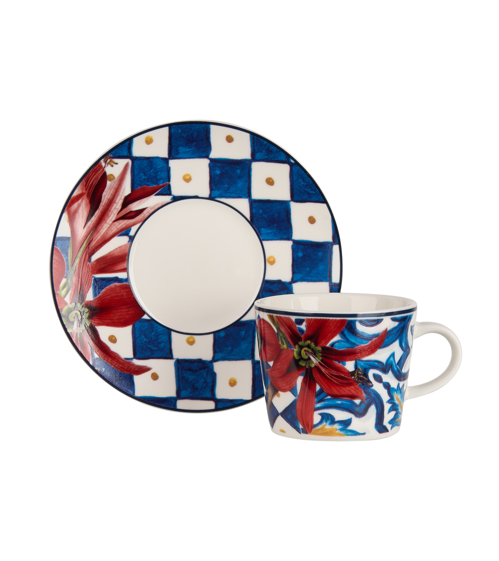 Dolce Vita Coffee Cup & Saucer Red Flower - Gift Box with Set of 2