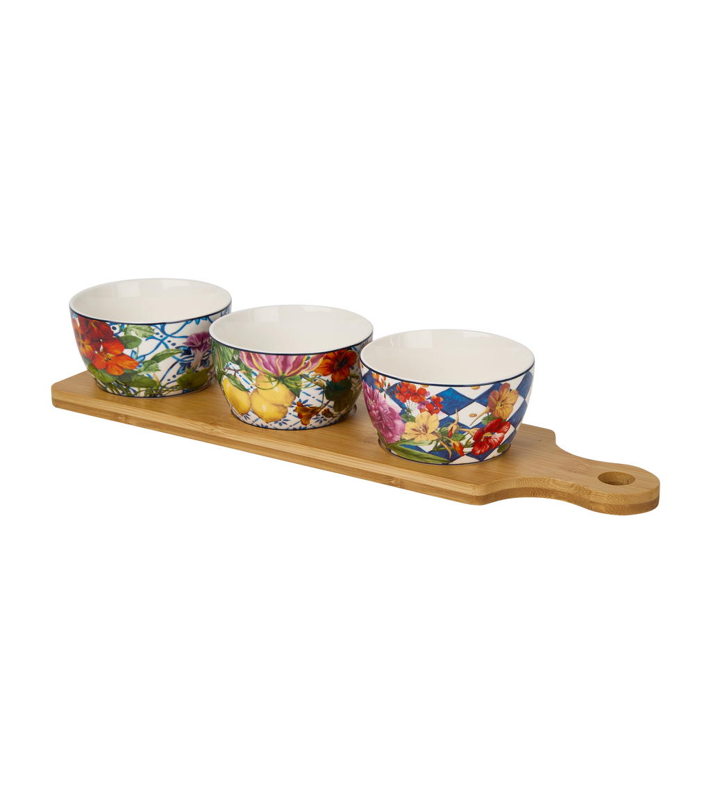 Dolce Vita Appetizer Serving Set – 3 Bowls with Wooden Stand