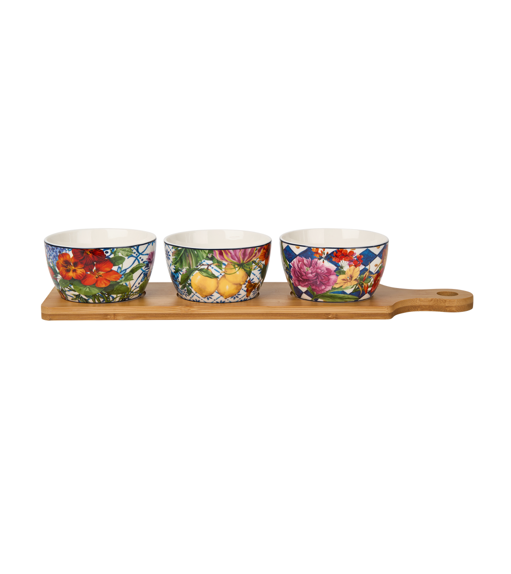 Dolce Vita Appetizer Serving Set – 3 Bowls with Wooden Stand