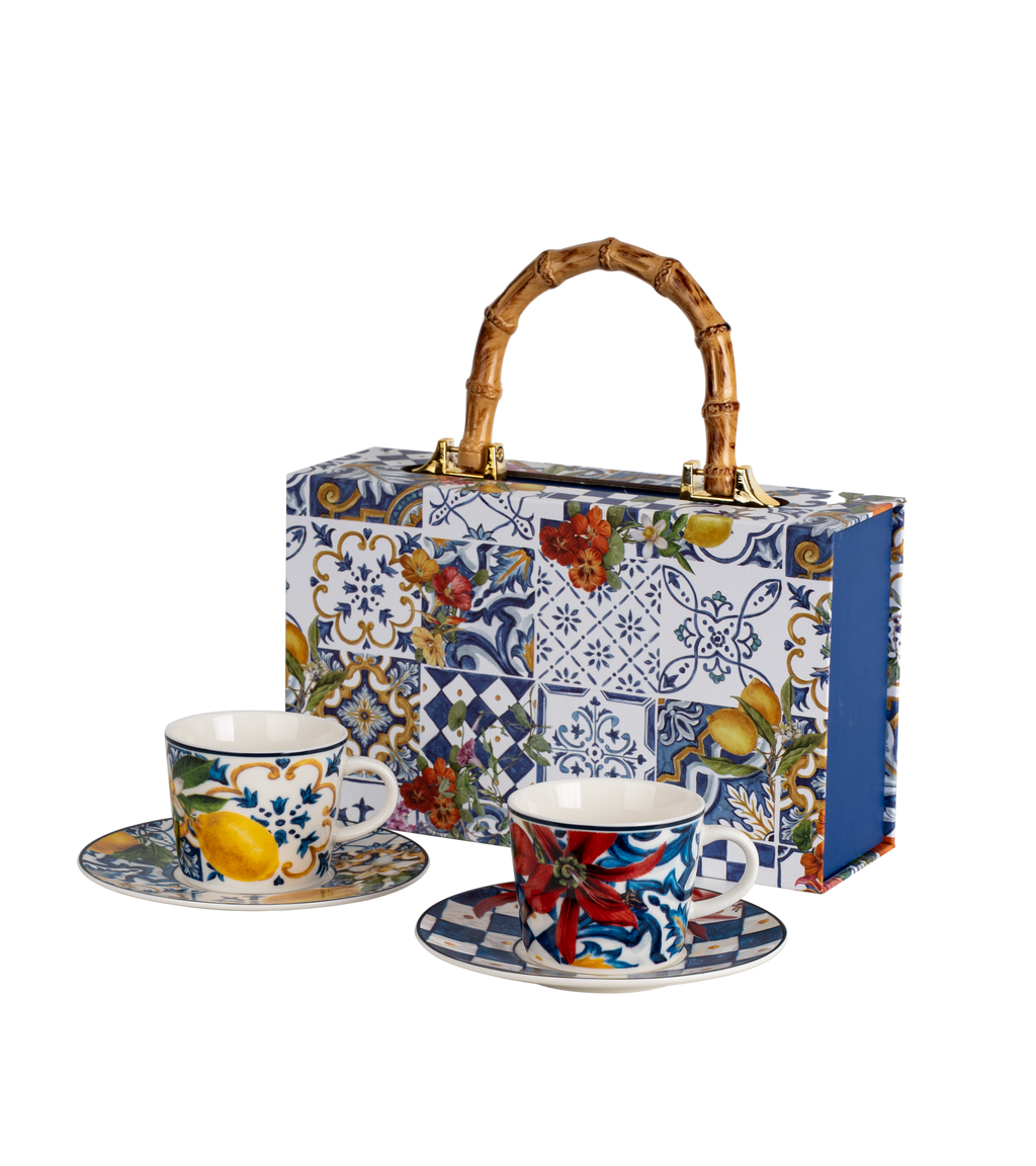 Dolce Vita Coffee Cup & Saucer Red Flower - Gift Box with Set of 2