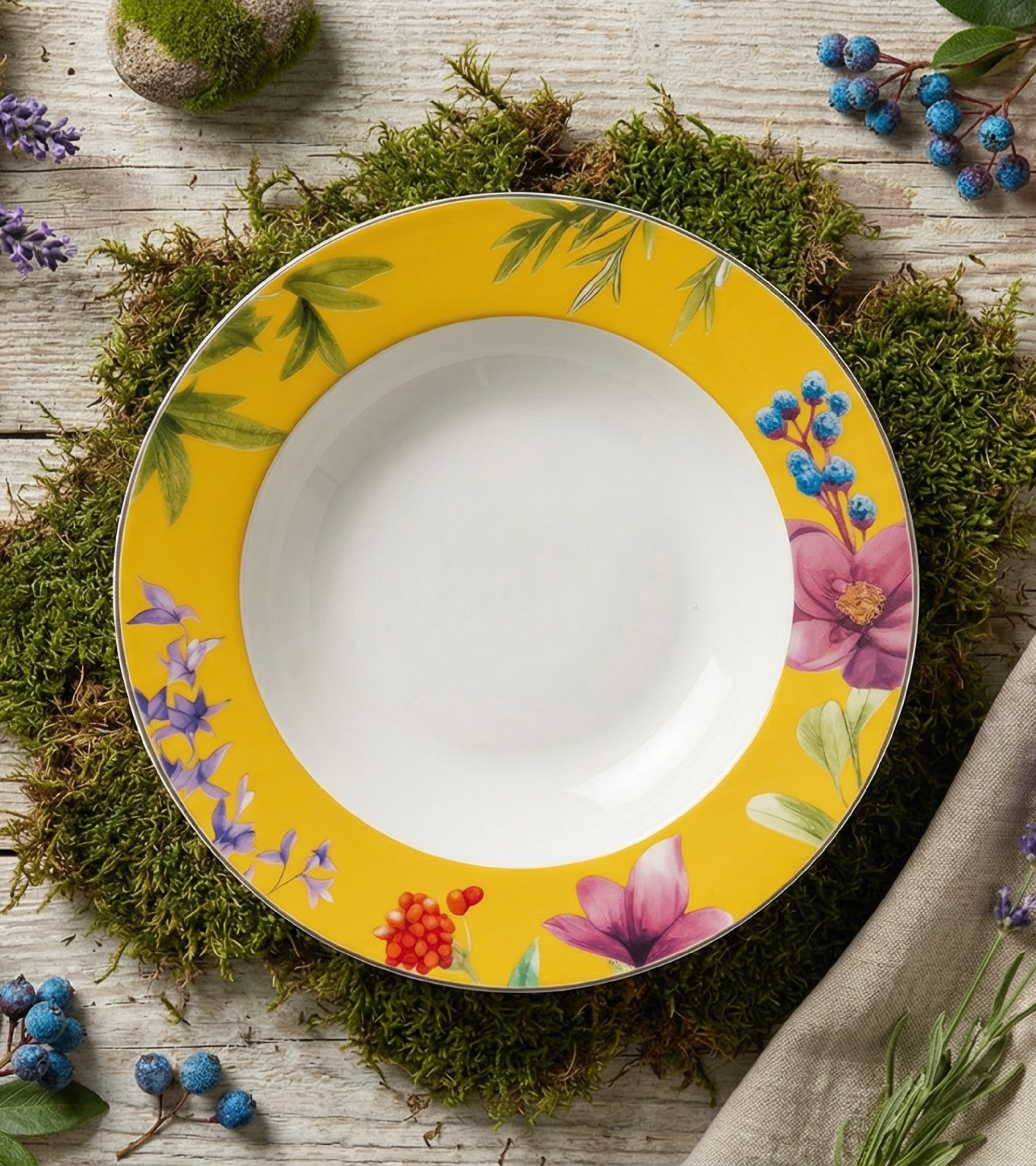 Symphony Garden Soup/Pasta Plate With Gold Rim  - Set of 6