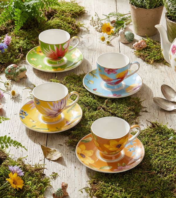 Symphony Garden Coffee & Saucer With Gold Rim - Set of 4