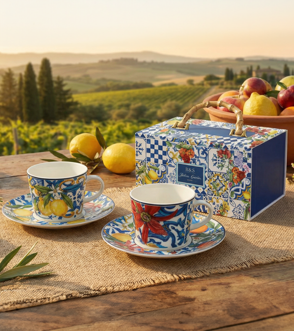 Dolce Vita Coffee Cup & Saucer Red Flower - Gift Box with Set of 2