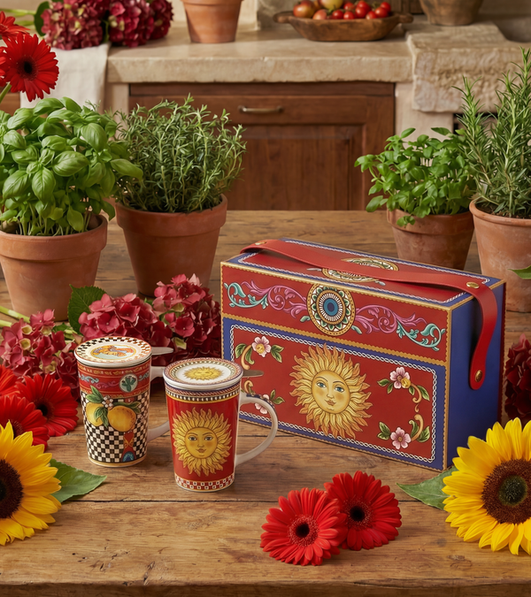 Italian Feast Mug with Lid and Metal Filter - Gift Box with Set of 2